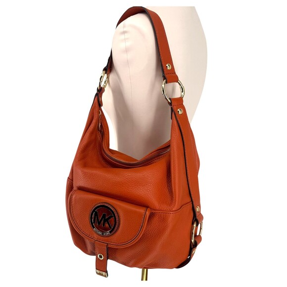 MICHAEL KORS Fulton Large Hobo Bag Orange Pebble Leather Purse Gold Plated Logo - Picture 4 of 15